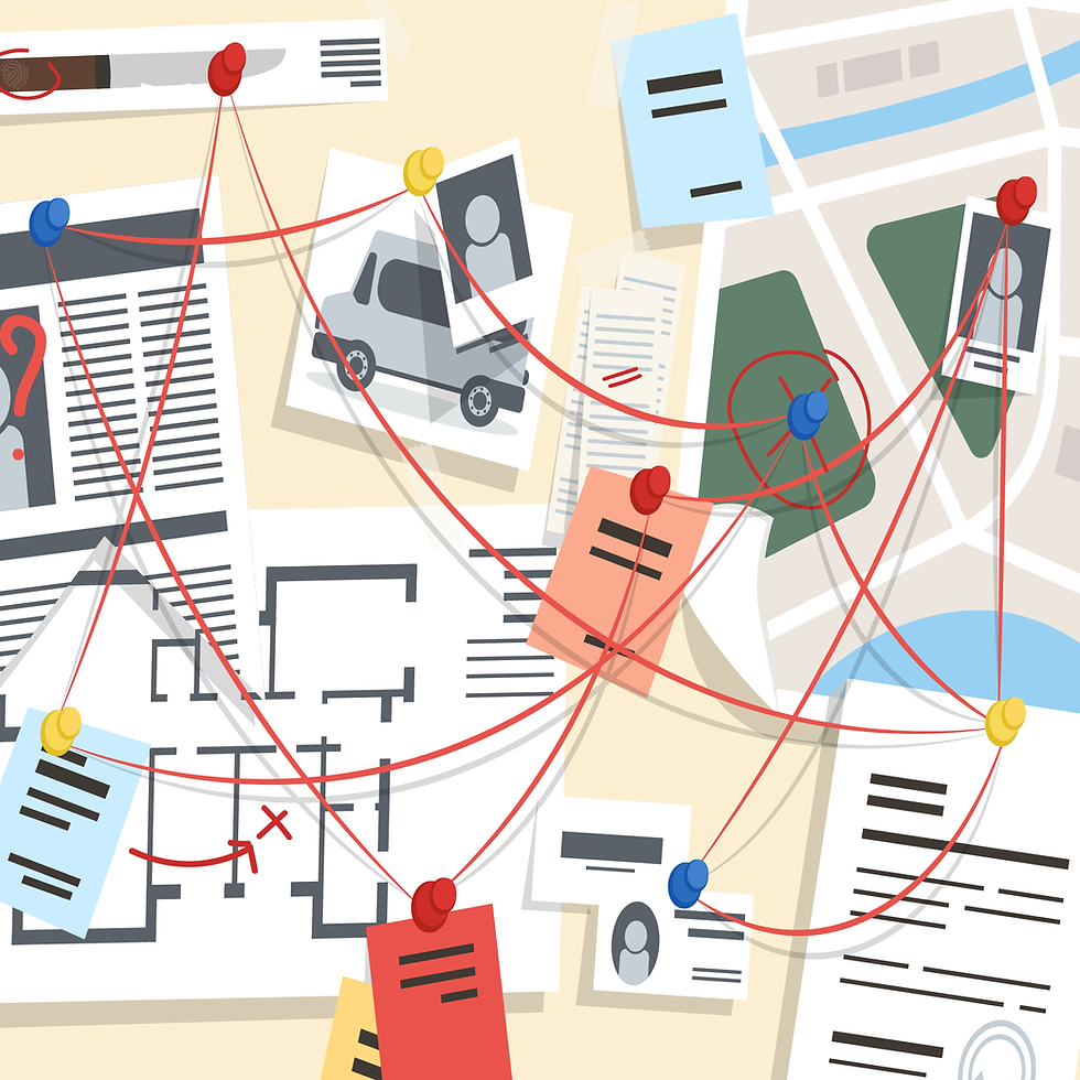 scattered notes, maps, and photos pinned to a board and connected by red threads