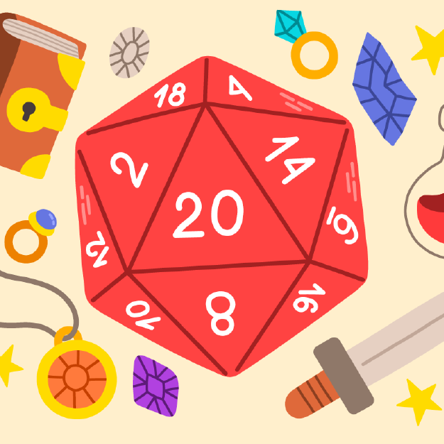 20 sided die surrounded by gemstones, a sword, and a book