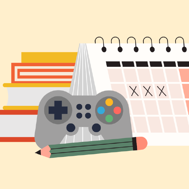 game controller with a pencil, stack of books, and a calendar