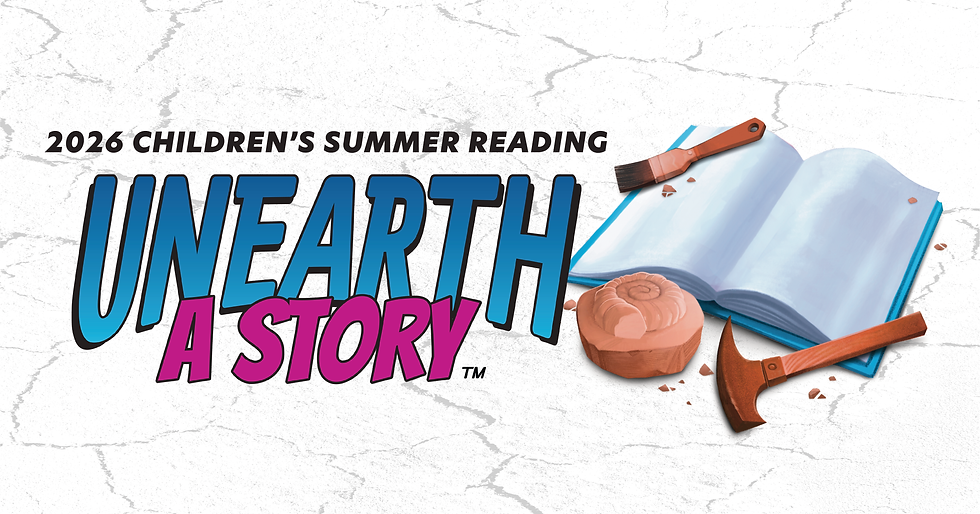 Unearth A Story summer reading logo with a blue open book with 